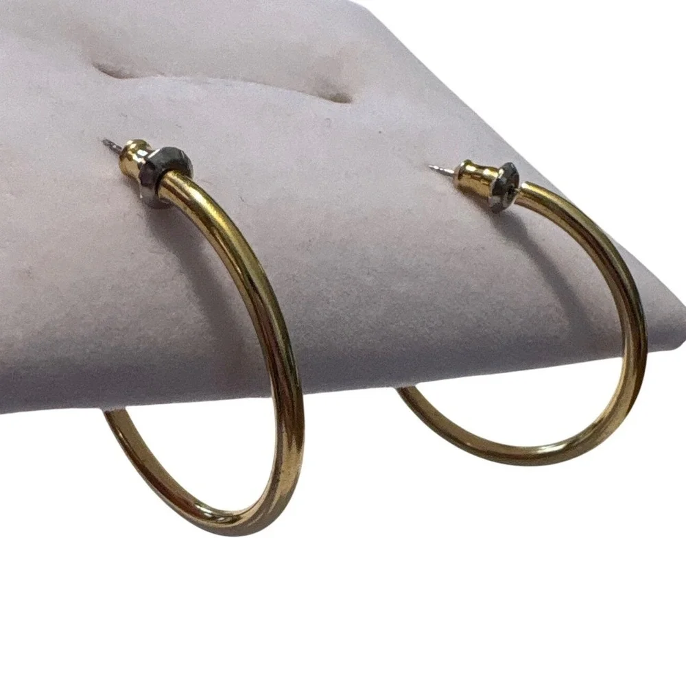 Classic Gold Tone Medium Round Hoop Earrings 1‎ Inch Polished Minimalist Post